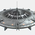 Futuristic Circular Metallic Platform With Central Antenna And Illuminated Mechanical Components
