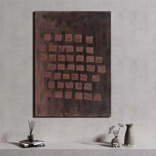 Abstract Wall Art With Square Pattern On Dark Canvas And Decorative Vase 3d model