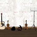 Musical Instruments with Acoustic Guitar Violins Music Stand Sheet Music on Brick Wall Wooden Floor