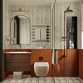 Vintage Style Bathroom Interior Featuring Patterned Wallpaper Wooden Vanity Round Mirror And Patterned Tile Floor 3d model