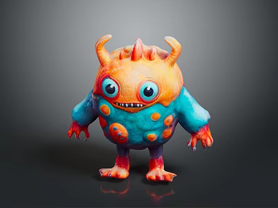 3D Cartoon Monster Character With Orange Blue Body Horns And Big Eyes 3d model