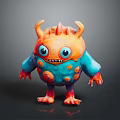 3D Cartoon Monster Character With Orange Blue Body Horns And Big Eyes