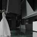 Elegant Artistic Scene With White Gowns Chair Geometric Walls Chandeliers And Dark Background