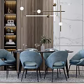 Elegant Modern Dining Table Set With Blue Chairs Pendant Light And Marble Wall 3d model