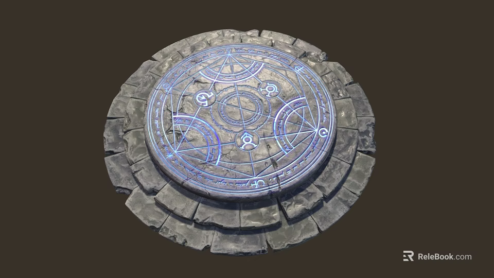 Round Stone Ritual Disk With Luminous Blue Runic Patterns And Rocky Border 3d model 