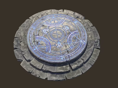 Round Stone Ritual Disk With Luminous Blue Runic Patterns And Rocky Border 3d model