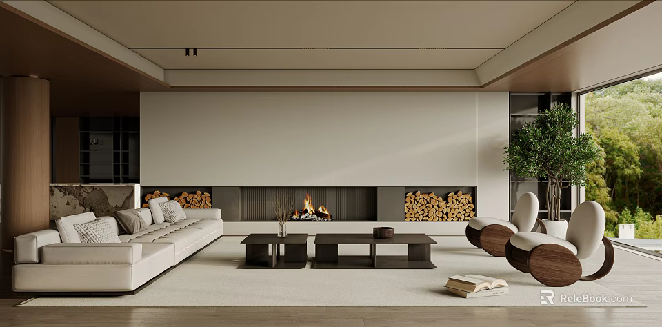 Minimalist Living Room Interior Design With White Sofa Dark Coffee Tables Fireplace Firewood Accent Chair 3d model 