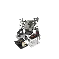 Elegant Decorative Ornament Set With White Floral Bouquet Green Leaves Metallic Vase Candles And Books