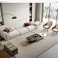 Modern Beige Sofa and Coffee Table Set With Throw Pillows Accent Chairs and City View