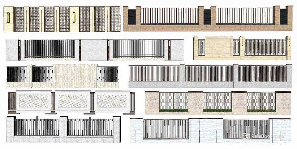 Various Garden Feature Wall Designs With Grilles Stone Panels And Textured Patterns 3d model