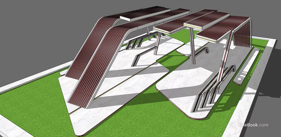 Modern Pergola Design With Metal Structure Marble Floor And Lawn Setting 3d model 