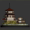 Traditional Japanese Landscape With Red Roof Multi Story Building Surrounded By Water And Red Plants