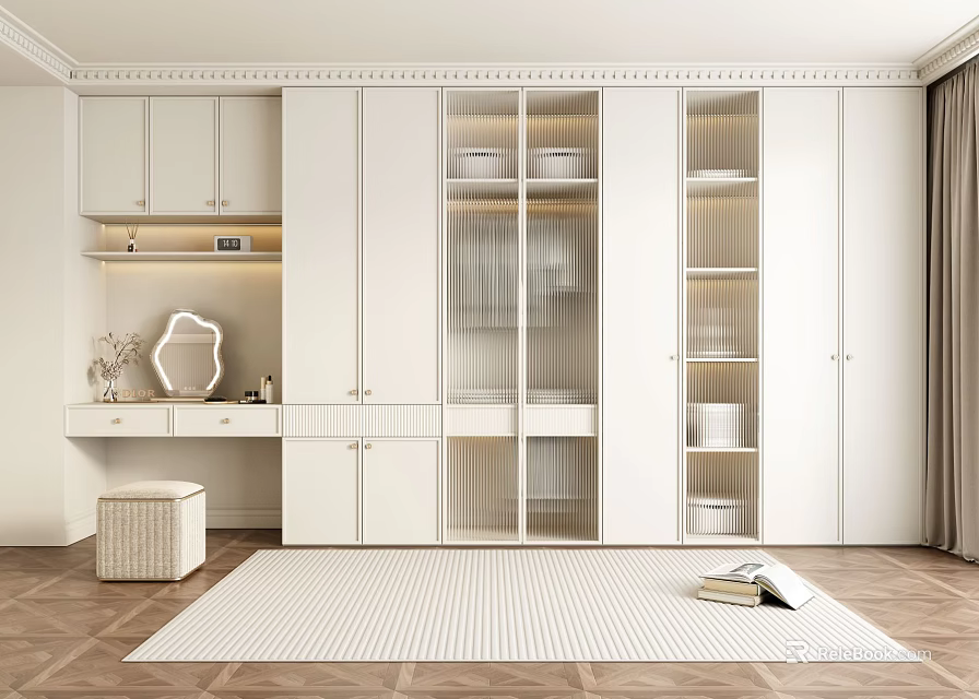 Modern Wardrobe Interior Design With Glass Doors Drawers Shelves Dressing Table And Carpet 3d model 