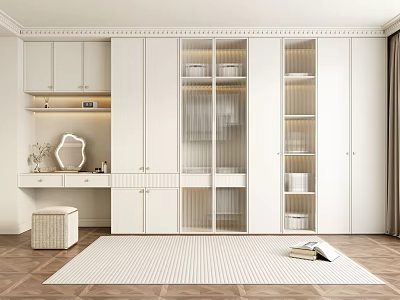 Modern Wardrobe Interior Design With Glass Doors Drawers Shelves Dressing Table And Carpet 3d model