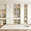 Modern Wardrobe Interior Design With Glass Doors Drawers Shelves Dressing Table And Carpet