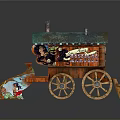 Decorative Red Carriage With Blue Green Roof Wooden Wheels Small Chimney And Cartoon Artwork