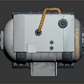Futuristic Sci-Fi Machine With White Gray Body Yellow Stripes Spiral Top Gray Base Open Compartment