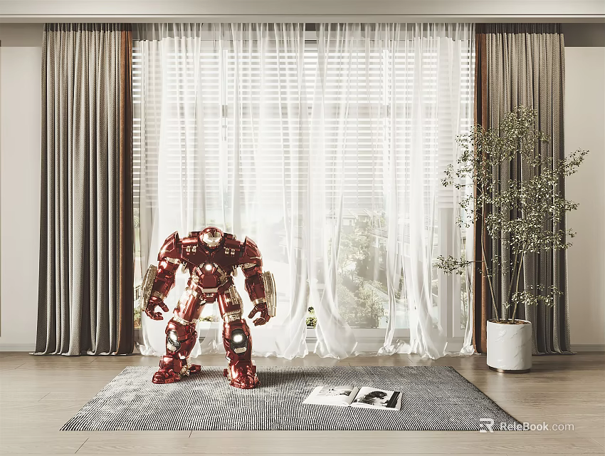 Gray And White Sheer Curtains For Modern Interior With Natural Light Window And Plant 3d model 