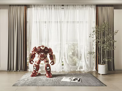 Gray And White Sheer Curtains For Modern Interior With Natural Light Window And Plant 3d model