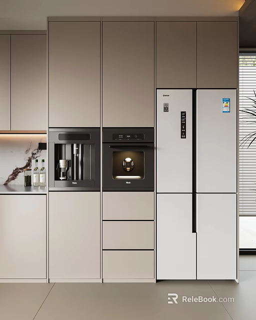 Sleek Modern Kitchen Interior With Light Gray Cabinets Built in Appliances And Double Door Refrigerator Freezer 3d model 