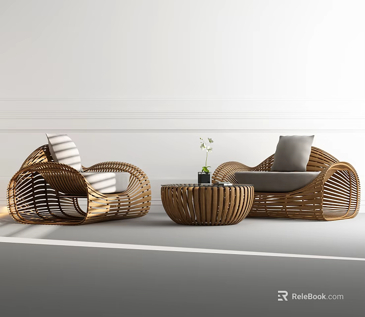 Woven Rattan Sofa And Coffee Table Set With Curved Striped Gray Cushions And Flower Vase 3d model 