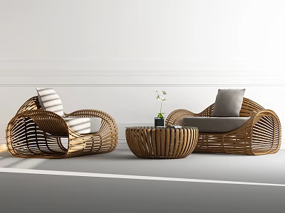 Woven Rattan Sofa And Coffee Table Set With Curved Striped Gray Cushions And Flower Vase 3d model