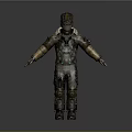 Worn Biological Sci Fi Character In Patched Spacesuit With Helmet And Armor
