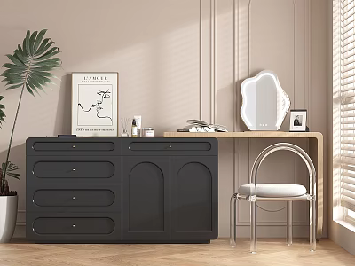 Dark Gray Dresser With Drawers Cabinet Decorative Mirror Chair Plant Picture Frame And Natural Light 3d model