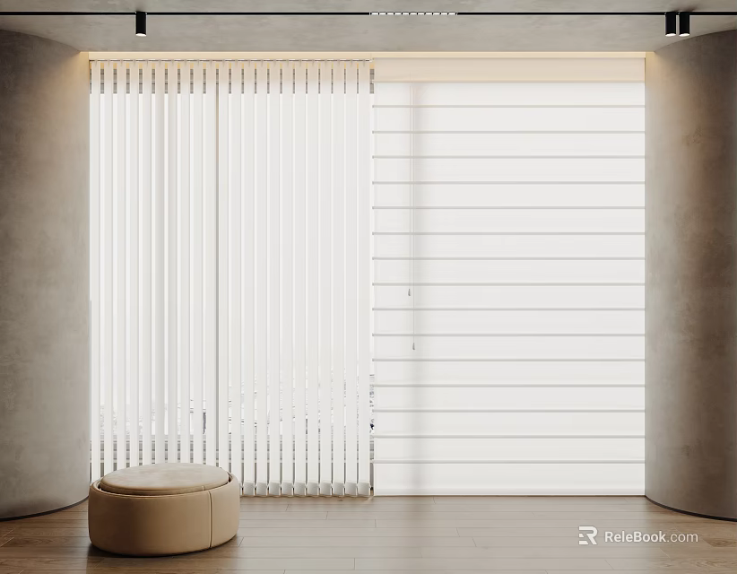 White Vertical Blinds in Modern Interior with Wooden Floor and Beige Stool 3d model 