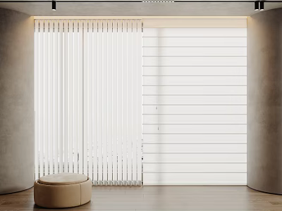 White Vertical Blinds in Modern Interior with Wooden Floor and Beige Stool 3d model