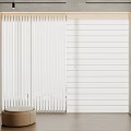 White Vertical Blinds in Modern Interior with Wooden Floor and Beige Stool