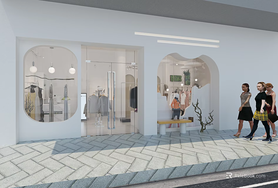 Stylish Modern Clothing Store Facade With Glass Door Arched Windows Stone Sidewalk And Pedestrians 3d model 