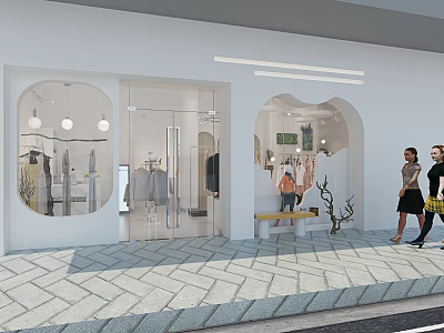Stylish Modern Clothing Store Facade With Glass Door Arched Windows Stone Sidewalk And Pedestrians 3d model