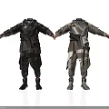 Futuristic Armor Suits In Dark And Light Gray With Detailed Design And Standing Poses
