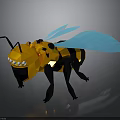 Low Poly Yellow And Black Bee With Blue Wings And Glowing Eyes In Geometric Design