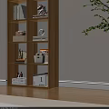 Modern Wooden Bookcase with Books Storage Boxes Unicorn Ornament and Alarm Clock in Study Room