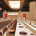 Modern Restaurant Interior With Long Bar Wooden Chairs Pendant Lights Red Decorations Window Views