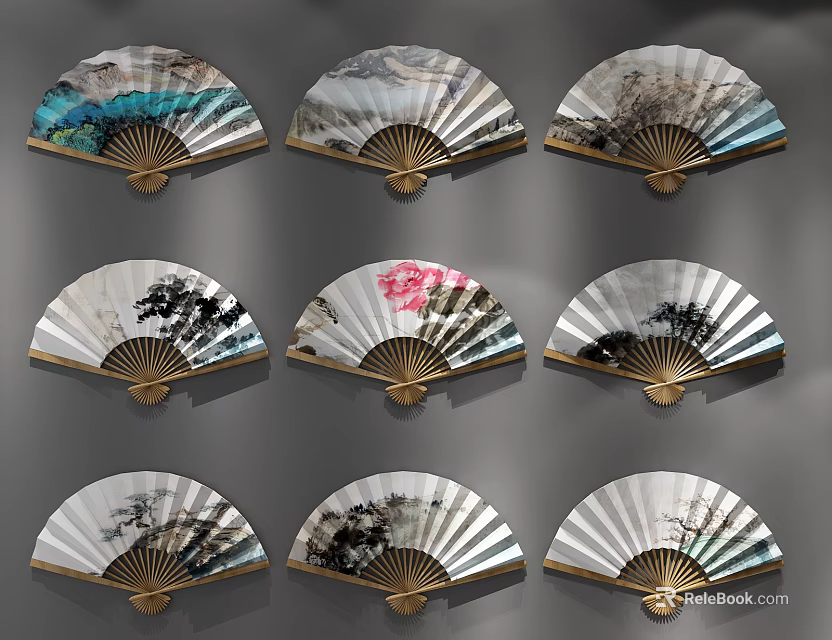 Traditional Artistic Fan Wall Hangings With Golden Frames And Decorative Patterns 3d model 