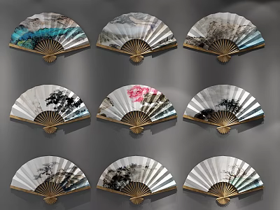 Traditional Artistic Fan Wall Hangings With Golden Frames And Decorative Patterns 3d model