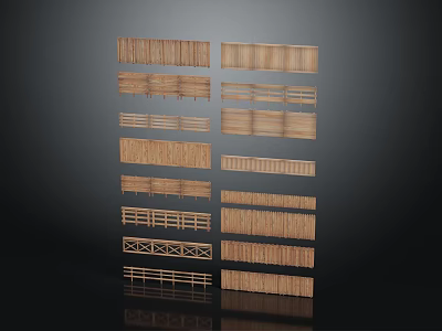 Various Wooden Fence Railing Components with Different Design Styles for Scenes 3d model