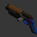 Black And Gold Tactical Pistol Weapon With Barrel Grip And Heat Sink On Red Background