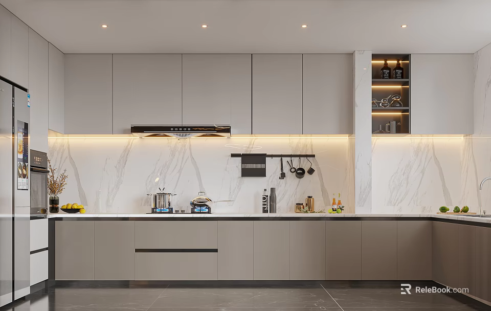 Modern Kitchen Interior Design With Light Gray Cabinets Marble Countertop And Recessed Lighting 3d model 