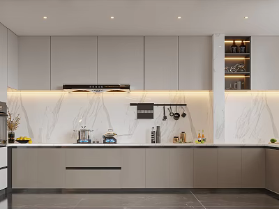 Modern Kitchen Interior Design With Light Gray Cabinets Marble Countertop And Recessed Lighting 3d model