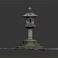 Japanese Stone Lantern Structure With Carved Pedestal And Surrounding Stones On Gray Ground