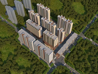 Modern Residential Buildings Aerial View With Lush Green Surroundings And Trees 3d model
