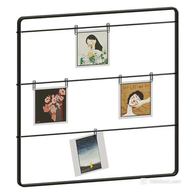 Decorative Photo Wall with Black Metal Stand Hanging Portrait Floral Night View and Text 3d model 