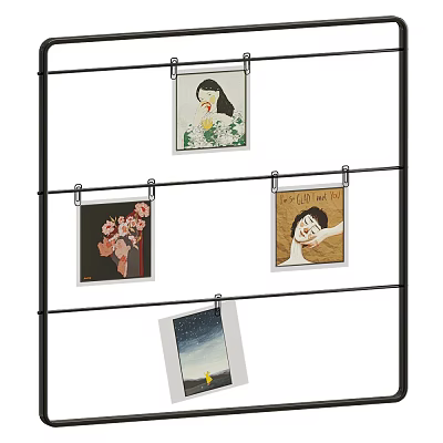 Decorative Photo Wall with Black Metal Stand Hanging Portrait Floral Night View and Text 3d model