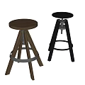 Modern Three Legged Wooden Walnut And Black Metal Bar Stools With Round Seats