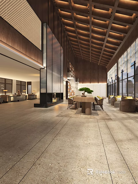 Elegant Modern Hotel Lobby Interior With Wooden Ceiling Large Windows And Seating Area 3d model 