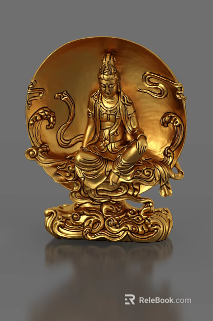 Golden Buddha Sculpture Carving With Intricate Cloud Patterns And Decorative Base 3d model 